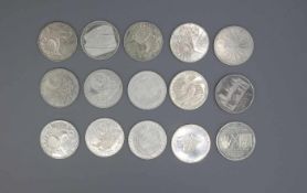 KONVOLUT SILBER-MÜNZEN: 10 DM, Konvolut von 15 Münzen, Silber (Gesamtgewicht 249 g), darunter 1 x 10