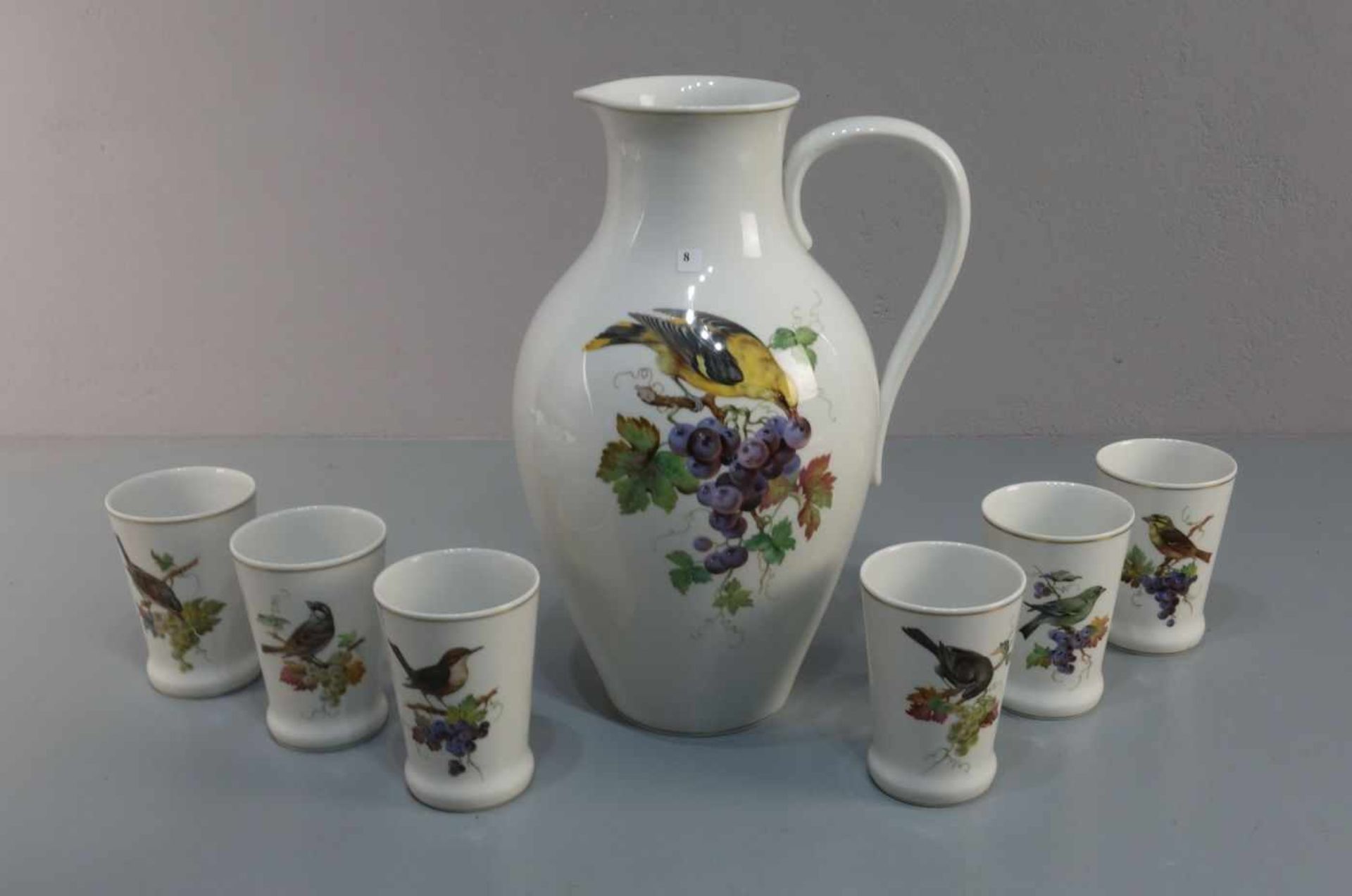 MEISSEN - KANNE UND 6 BECHER MIT VOGEL - UND TRAUBENMOTIVEN / jug and six pots, Porzellan,