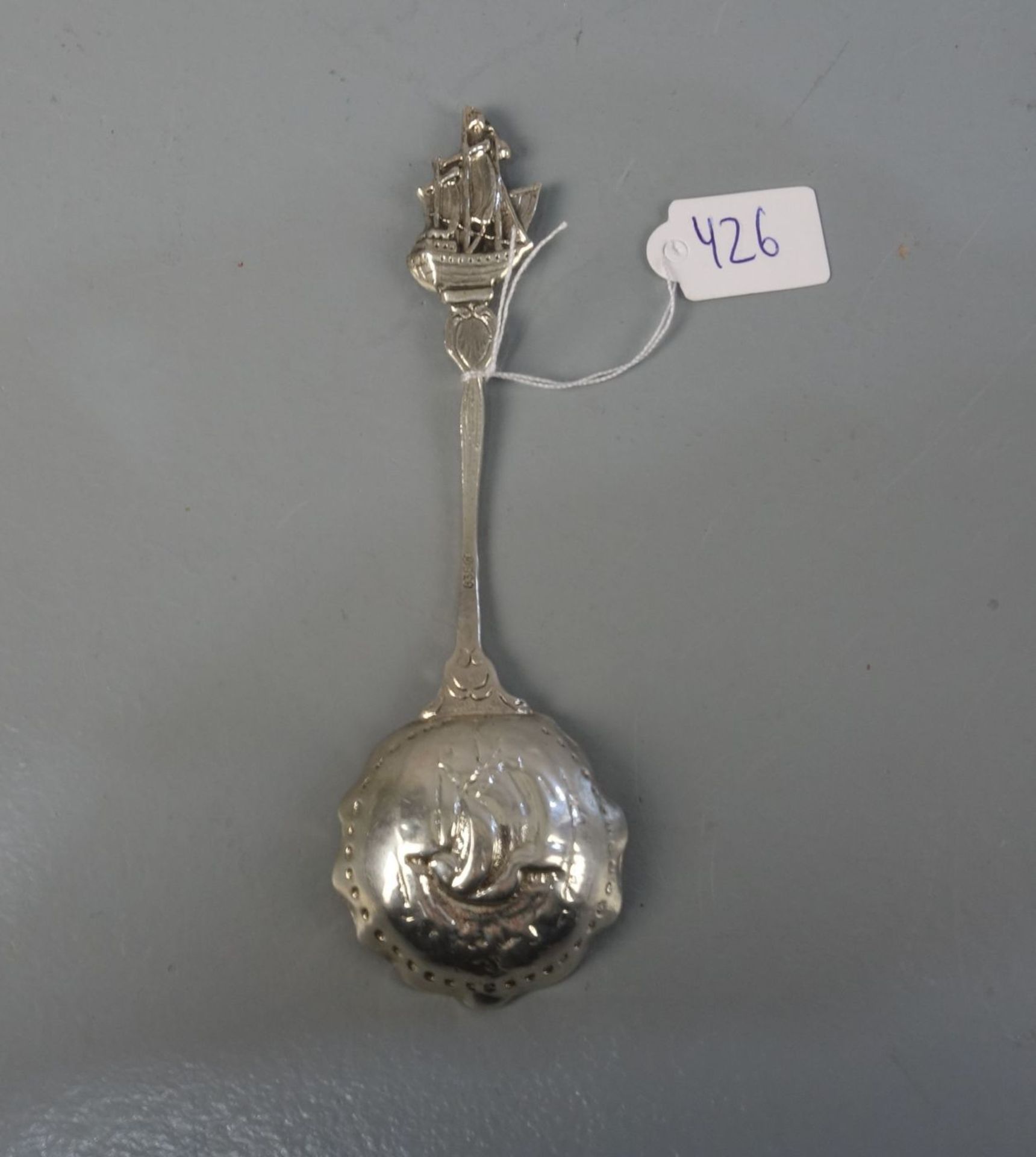 VORLEGEBESTECK: MARITIMER SAHNELÖFFEL / MESSLÖFFEL FÜR TEE / silver cream spoon or caddy spoon, 1. - Bild 2 aus 4