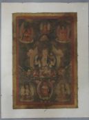 TIBETISCHE TANGKA / THANKA mit verschiedenen Bodhisattvas in durch Wolken angedeuteter himmlischer