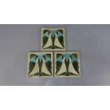 3 JUGENDSTILFLIESEN / art nouveau tiles, heller Scherben, um 1900, dreifarbig glasiert mit