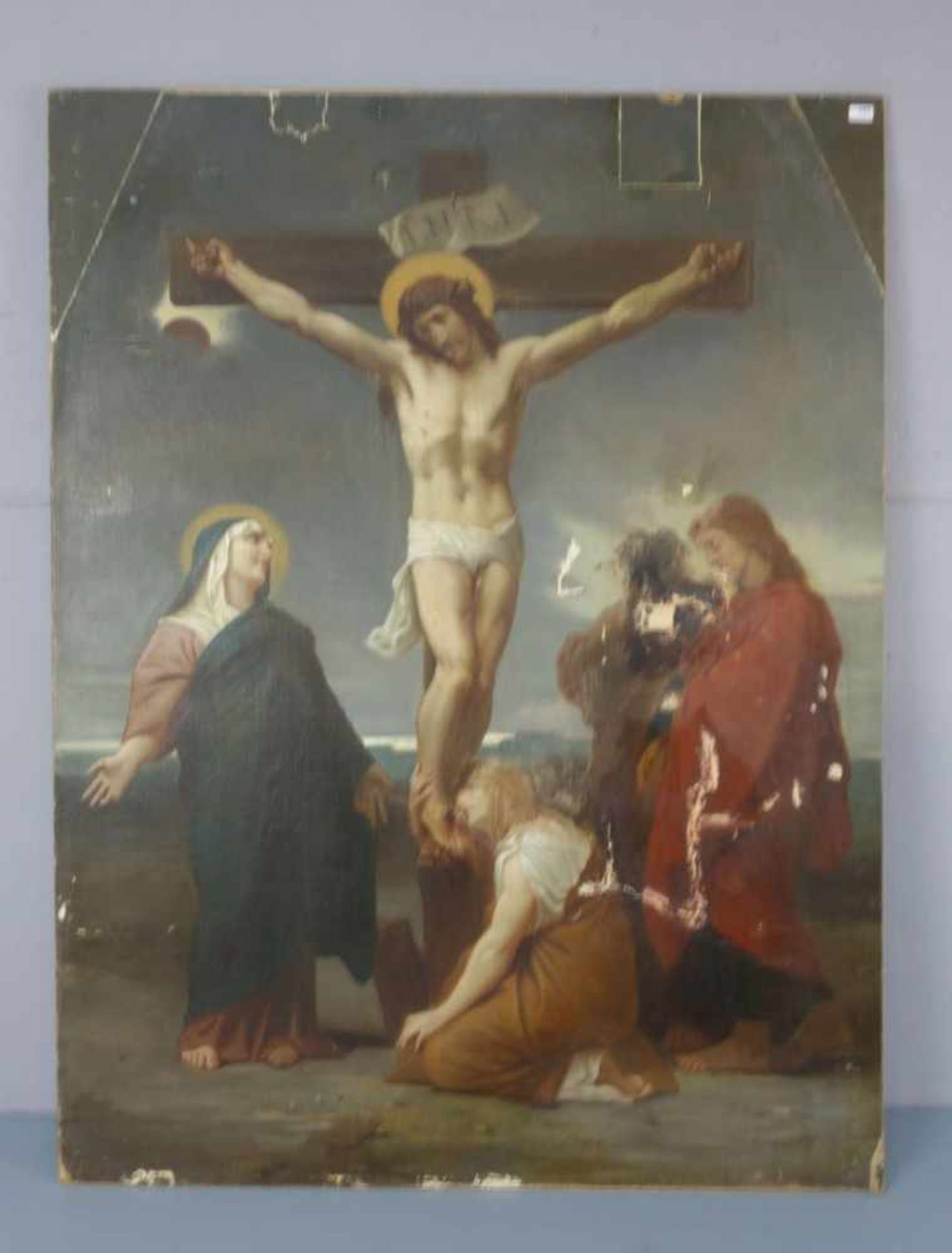 MALER / "NAZARENER" DES 19. JH., Gemälde / painting: "Kreuzigungsszene", Öl auf Leinwand, montiert