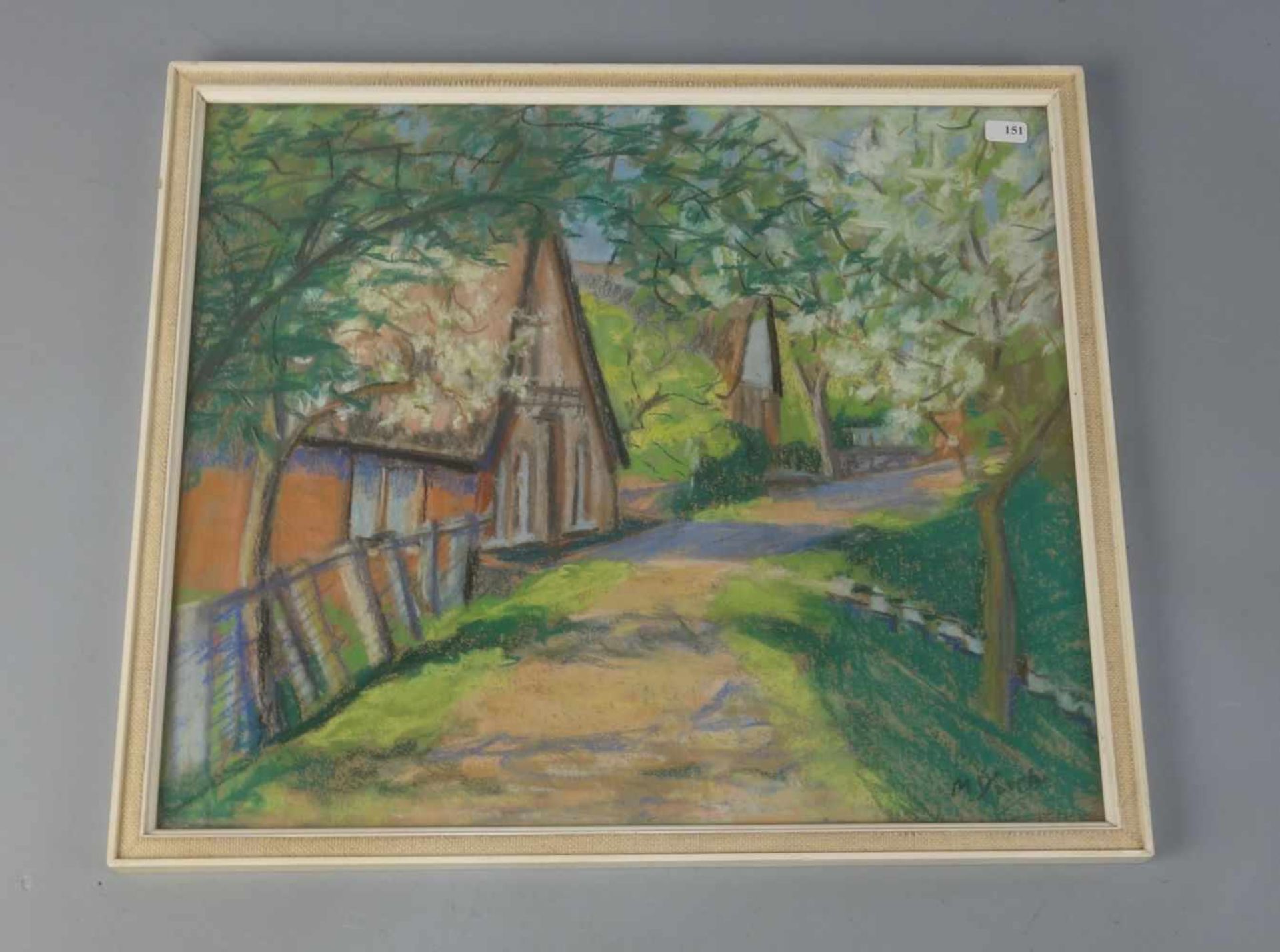 VISCH, M. (?, Maler des 19./20. Jh.), Pastell / pastel, auf elfenbeinfarbenem Papier: "Dorfstraße im