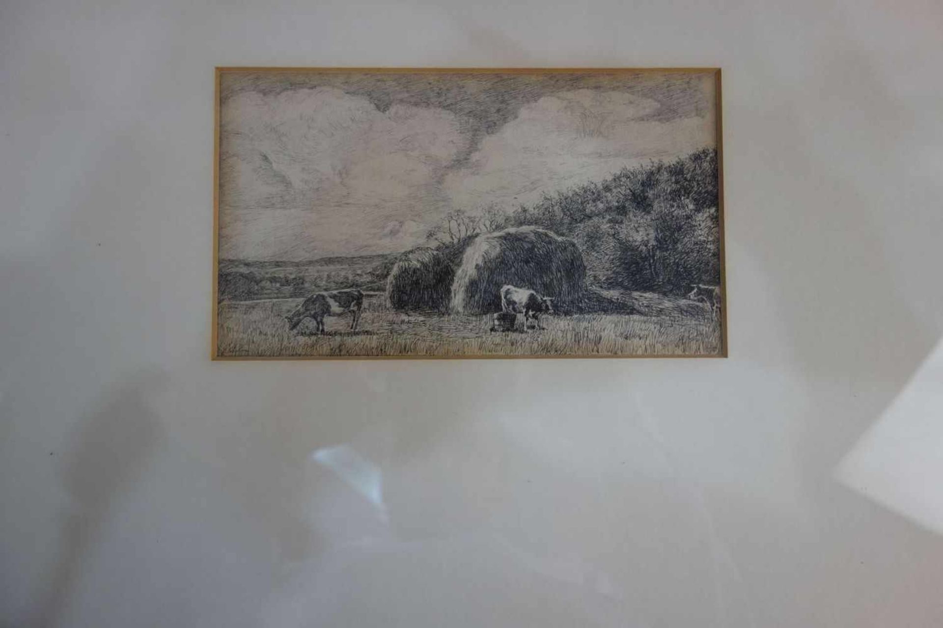 PAAR STAHLSTICHE / steel engravings: "Weite Landschaft mit Kühen und Heuschobern" und "Landschaft - Bild 2 aus 4