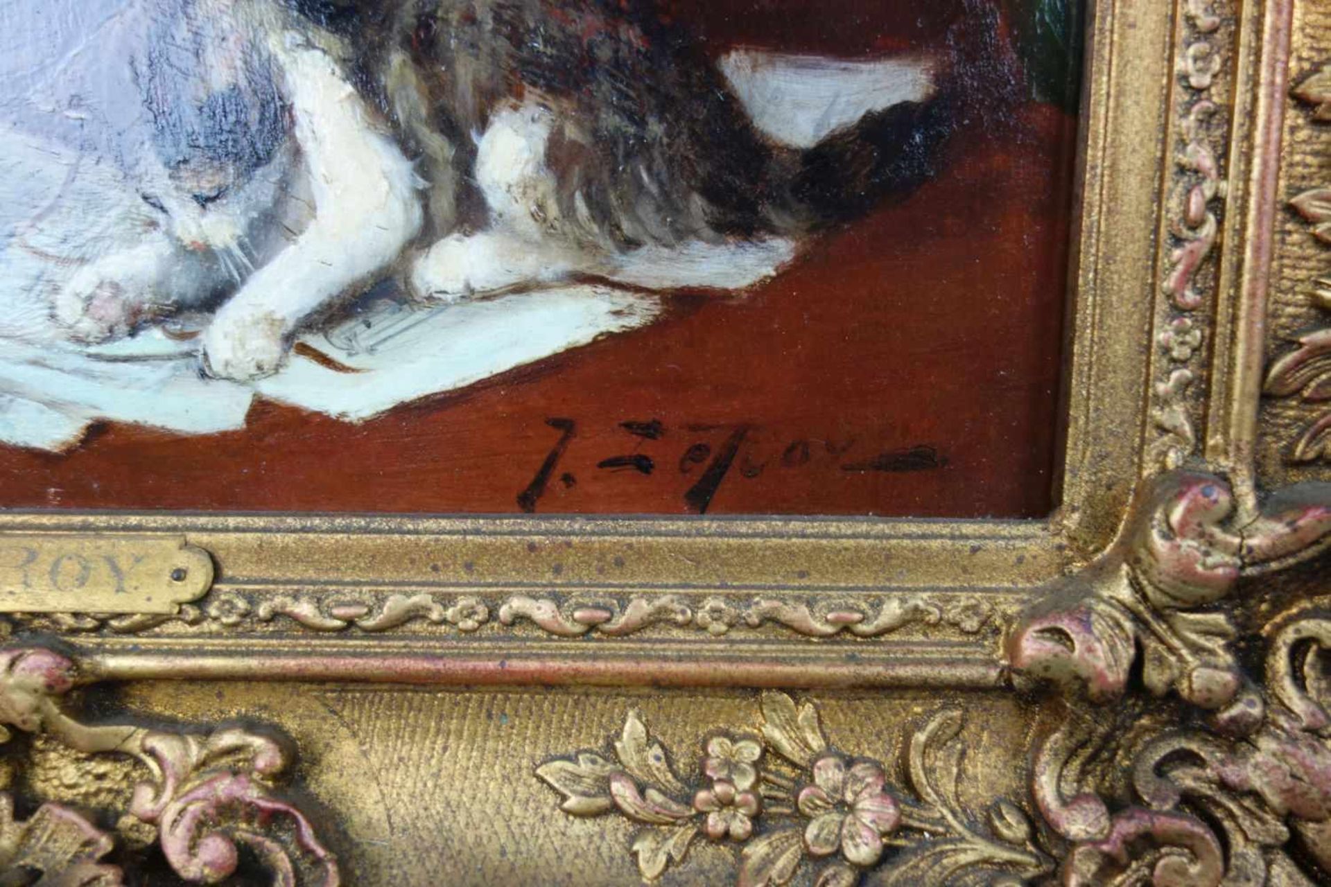 LEROY, JULES GUSTAVE (1856-1921), Gemälde / painting: "Interieur mit spielenden Katzen", Öl auf Holz - Image 2 of 3