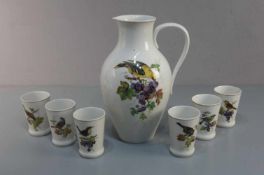 MEISSEN - KANNE UND 6 BECHER MIT VOGEL - UND TRAUBENMOTIVEN / jug and six pots, Porzellan,