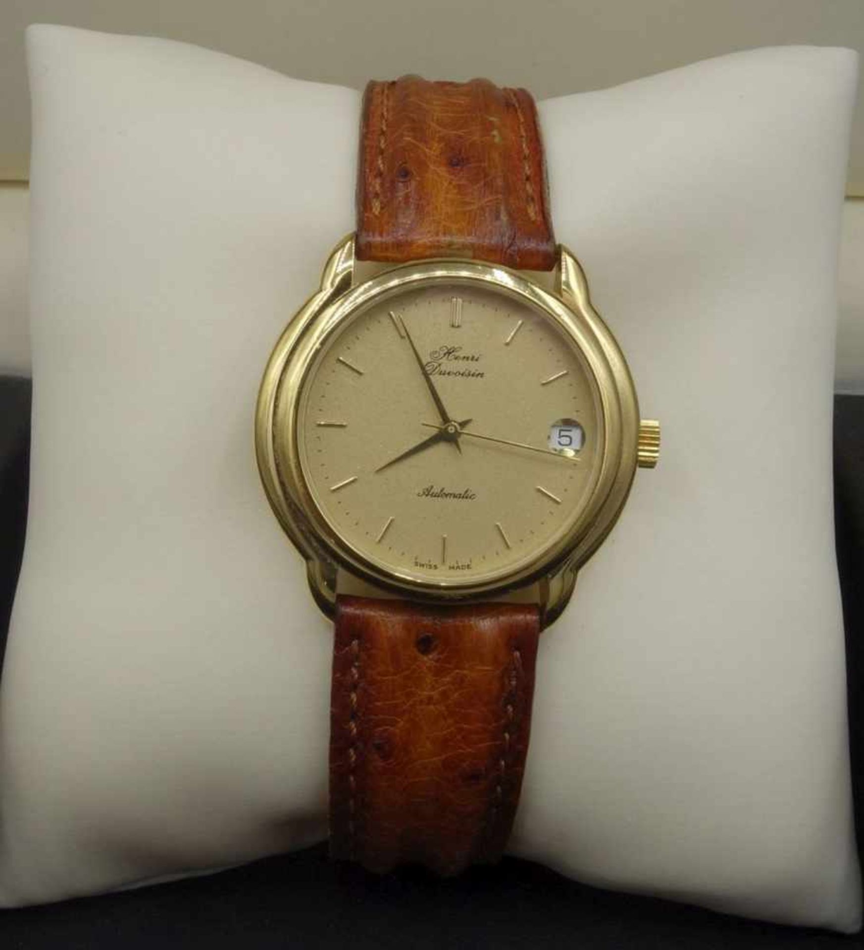VERGOLDETE ARMBANDUHR / wristwatch, Automatik, Manufaktur Henri Duvoisin & Cie ./ Schweiz. Rundes - Bild 2 aus 6