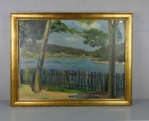 MALER DES 20. JH., Gemälde / painting: "Sommerliche Landschaft mit Blick auf Fluss", Öl auf Leinwand