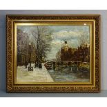 GEMÄLDE / painting: "Winterliche Stadtvedute mit Brücke", um 1900 / Anfang 20. Jh.; Öl auf