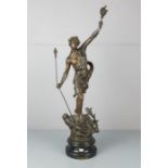 SKUPTUR / sculpture: "Jäger" / "Herakles besiegt die kerynitische Hirschkuh", bronzierter Zinkguss