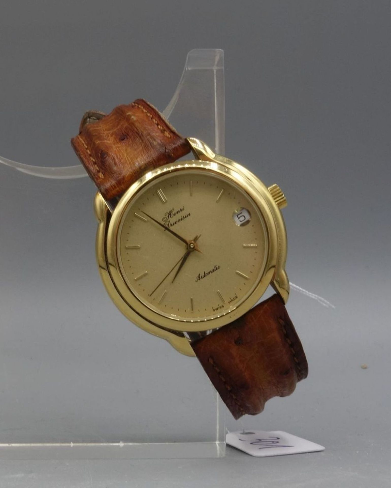 VERGOLDETE ARMBANDUHR / wristwatch, Automatik, Manufaktur Henri Duvoisin & Cie ./ Schweiz. Rundes - Bild 3 aus 6