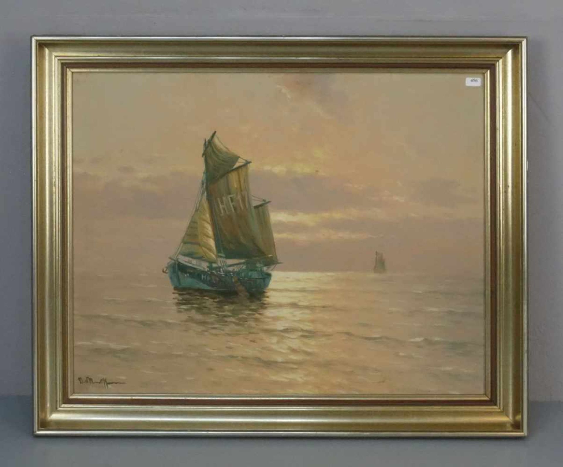 GEMÄLDE / painting: "Seestück mit Seegelschiffen", 2. Hälfte 20. Jh., Öl auf Hartfaserplatte / oil