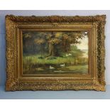 MALER DES 19./20. JH., Gemälde / painting: "Baumbestandenes Ufer eines Gewässers mit Enten", Öl