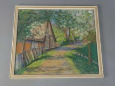 VISCH, M. (?, Maler des 19./20. Jh.), Pastell / pastel, auf elfenbeinfarbenem Papier: "Dorfstraße im