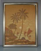 BATIK - BILD: "Küstenlandschaft mit Palmen, Fischerbooten und Häusern bei Sonnenuntergang", Seide,