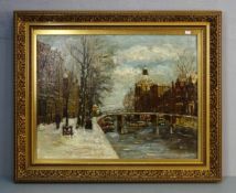 GEMÄLDE / painting: "Winterliche Stadtvedute mit Brücke", um 1900 / Anfang 20. Jh.; Öl auf Leinwand