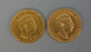 ZWEI REICHSGOLDMÜNZEN: 10 Mark, Wilhelm II. König von Preussen, 10 Mark, Jg. 1904 und 1890,