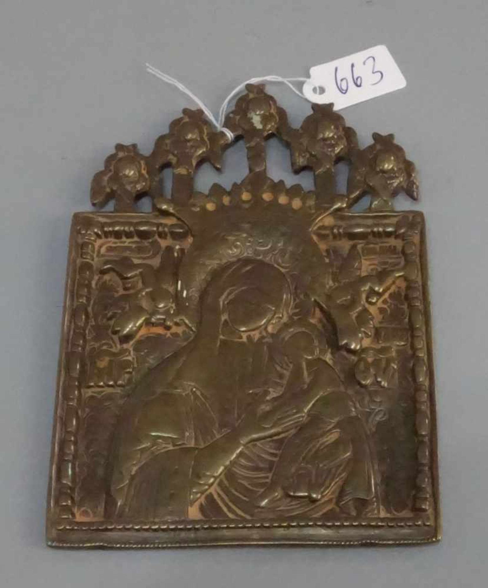 RUSSISCHE METALLIKONE: "Gottesmutter mit Kind" / metal icon, Messing oder Bronze. Sogenannte "