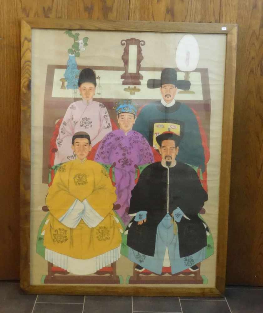 CHINESISCHES GEMÄLDE "Familienporträt / Familienbild", Tempera auf Papier. Grosses Herrschaftliches