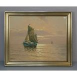 GEMÄLDE / painting: "Seestück mit Segelschiffen", 2. Hälfte 20. Jh., Öl auf Hartfaserplatte / oil