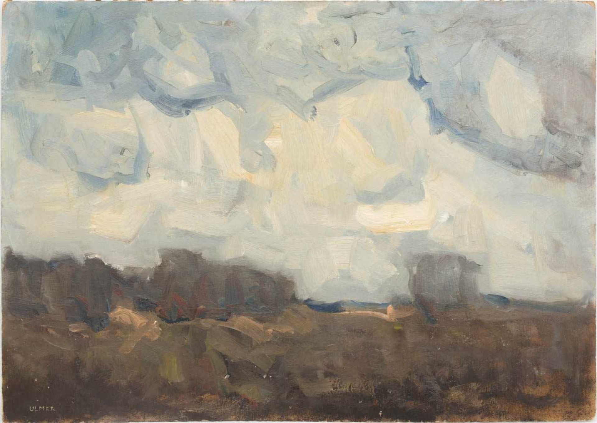 OTTO ULMER, Landschaft mit Wolken, Öl/Hartfaserplatte, 1955.<