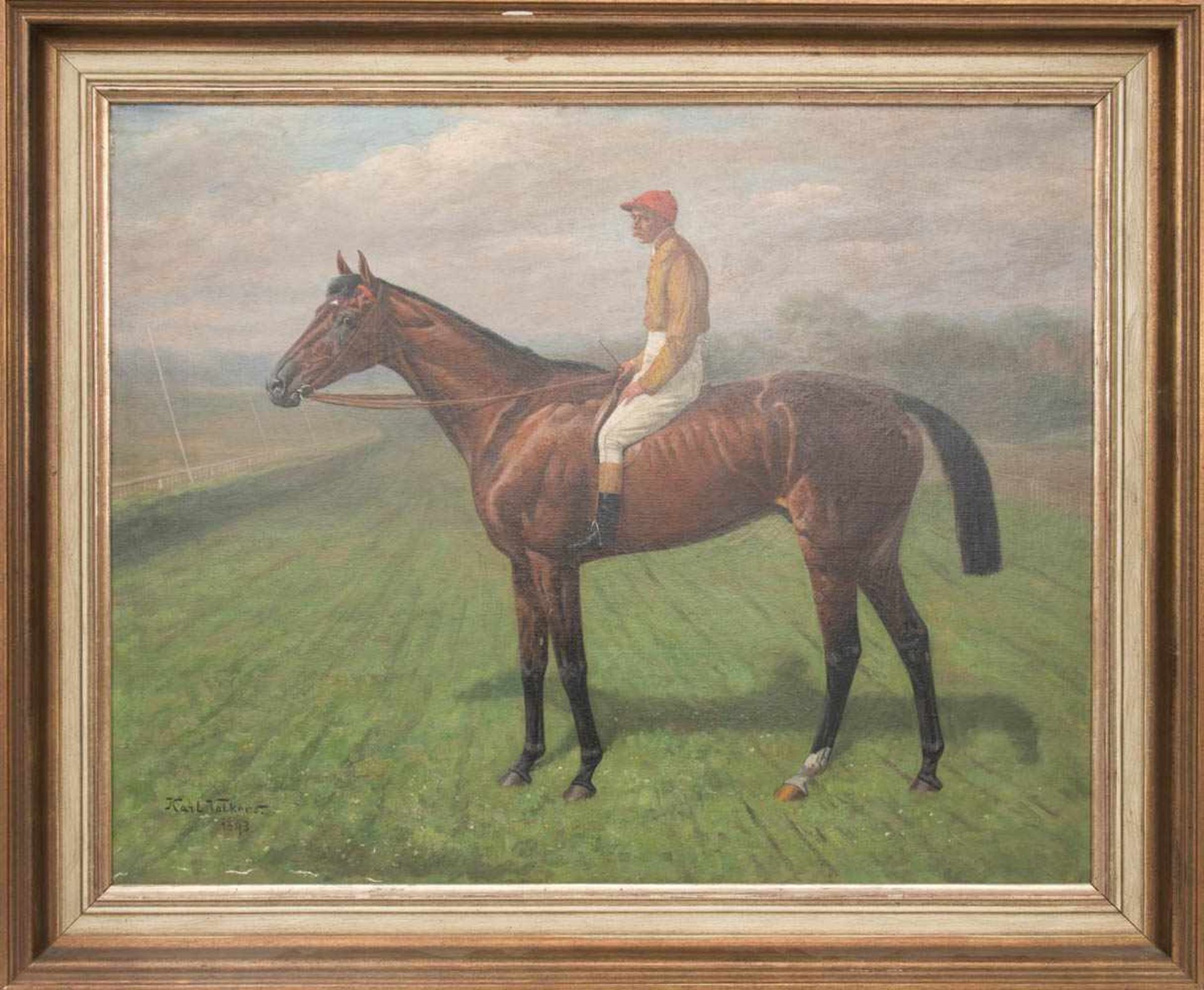 KARL VOLKERS, Rennpferd mit Jockey, Öl auf Leinwand, Deutschland, 1943.<
