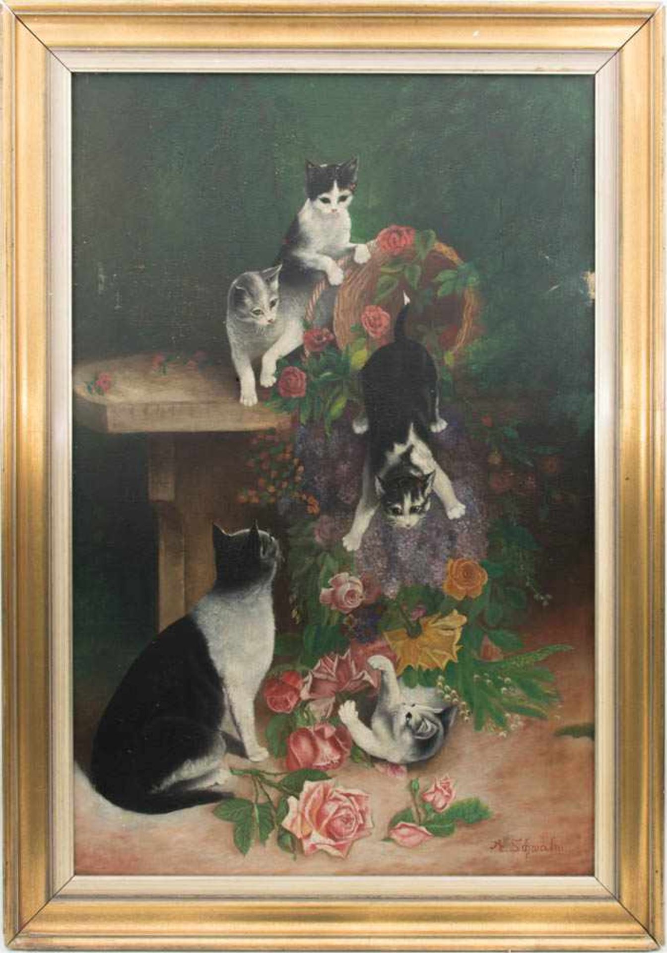 A. SCHWALM, Spielende Katzen unter Rosen, Öl/Lw, 20. Jh<