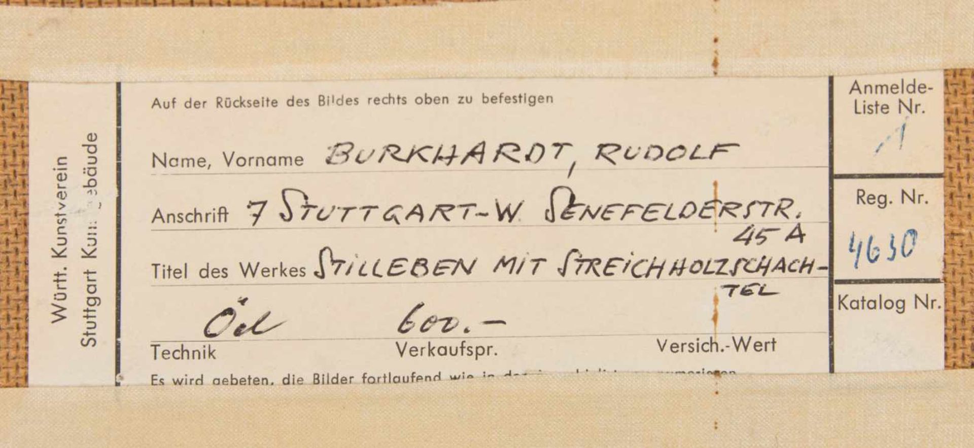 RUDOLF BURGHARDT, Stillleben mit Streichholzschachtel, Öl/ Sandgrundierung auf Lw und Platte, - Bild 4 aus 4