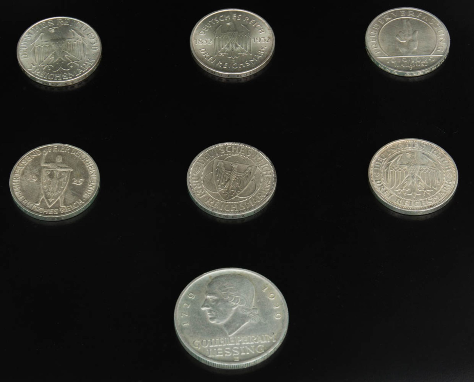 Konvolut 7 Silbermünzen, Weimarer Republik.
