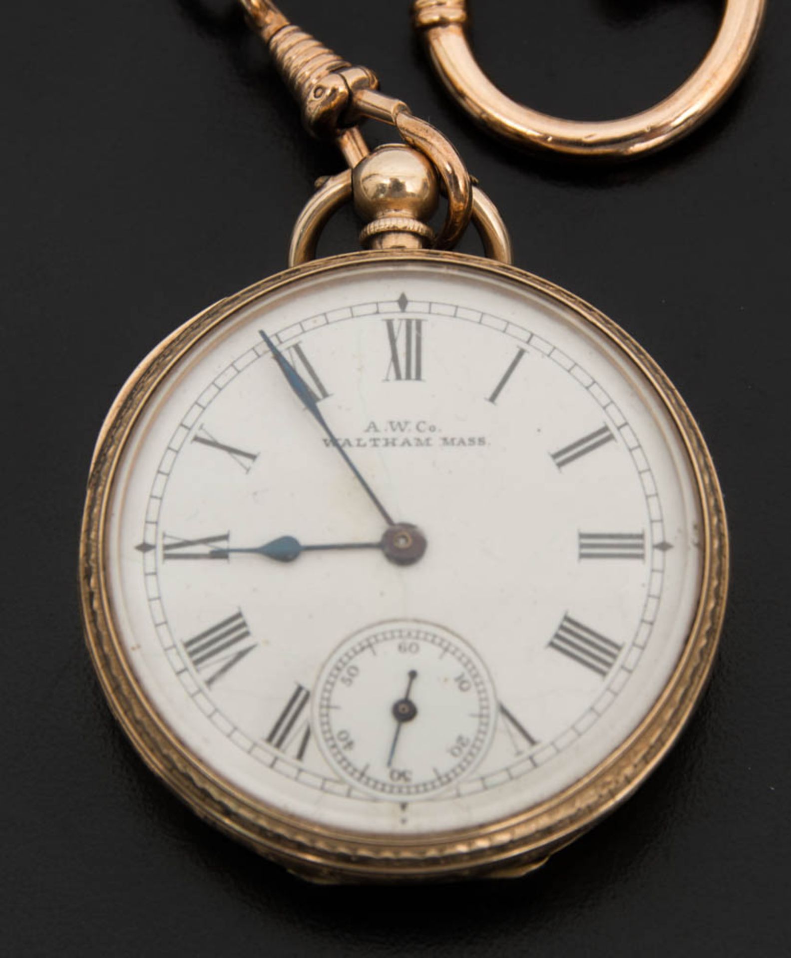 Taschenuhr, Waltham, vergoldet mit Uhrenkette aus Schaumgold. - Bild 2 aus 3