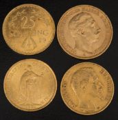 Vier Goldmünzen.25 Schilling, 5,89 g.20 Corona Goldmünze, 6,7 g.20 Franc Münze, 6,4 g.Preussen 20