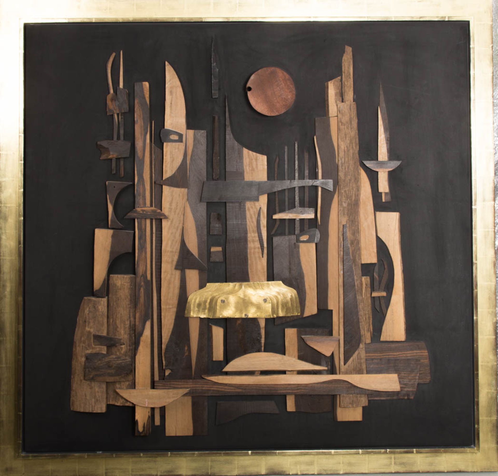 Reinhard Normann, Abstraktes Holzbild, Collage auf Holz, Deutschland 1986.Massives Holzbild im
