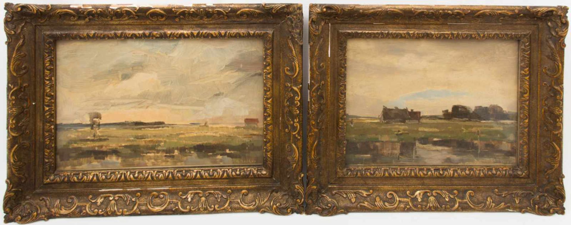 Max Zetler, Zwei Landschaftsansichten, Öl auf Holz.Hinter Glas, Holzrahmen leicht beschädigt. 40 x
