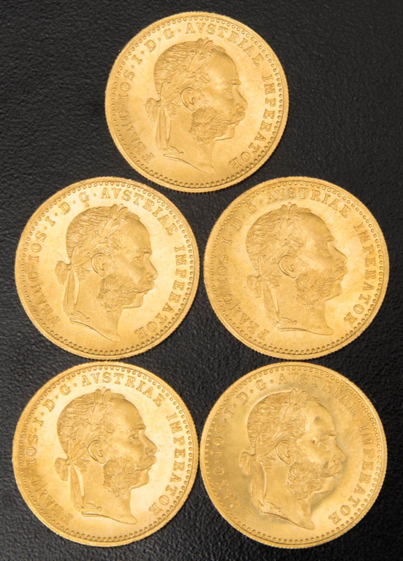 5 Franz Josef Dukaten, Einfach.986er Gold, 5 Stück, sehr guter Zustand. Durchmesser: 19,75 mm.