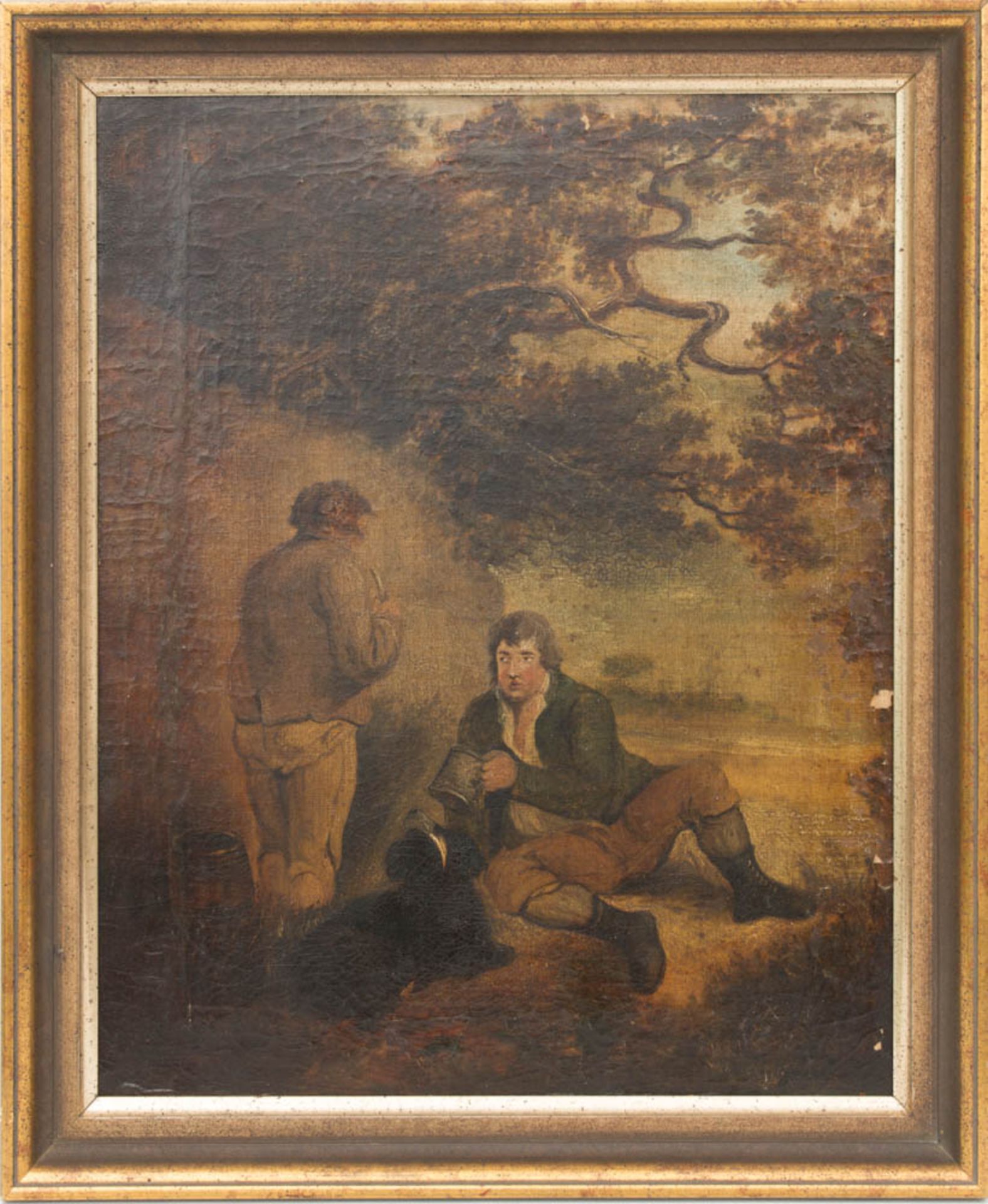 Zwei Männer bei der Rast, Öl auf Platte.Starkes Krakelée, nicht signiert. 34 x 43 cm o.R.42 x 51
