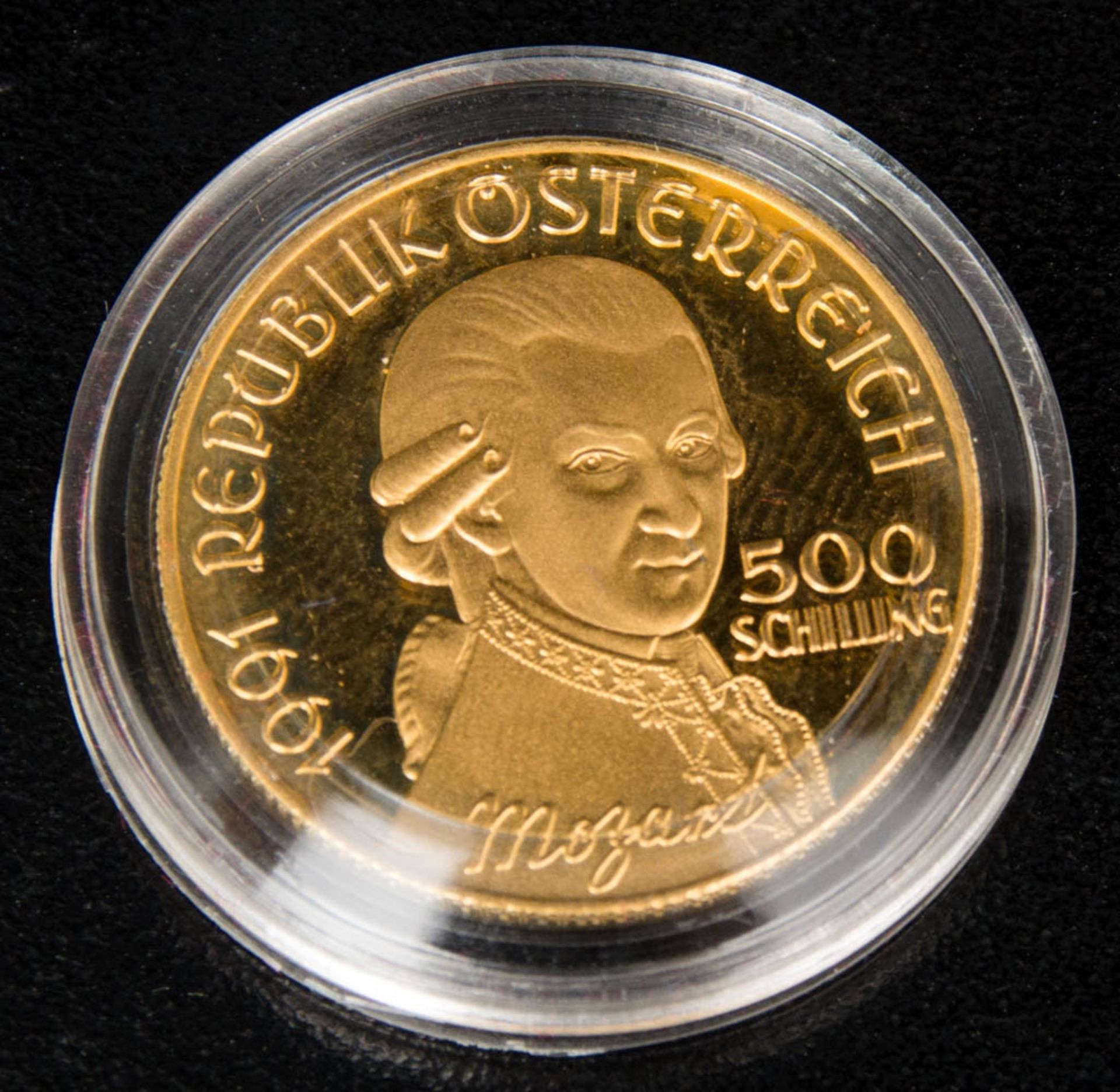 Mozart Gedenkmünze, 500 Schilling, Gold.986er Feingold.8 g. 22 mm Durchmesser.In Schatulle mit - Image 3 of 3