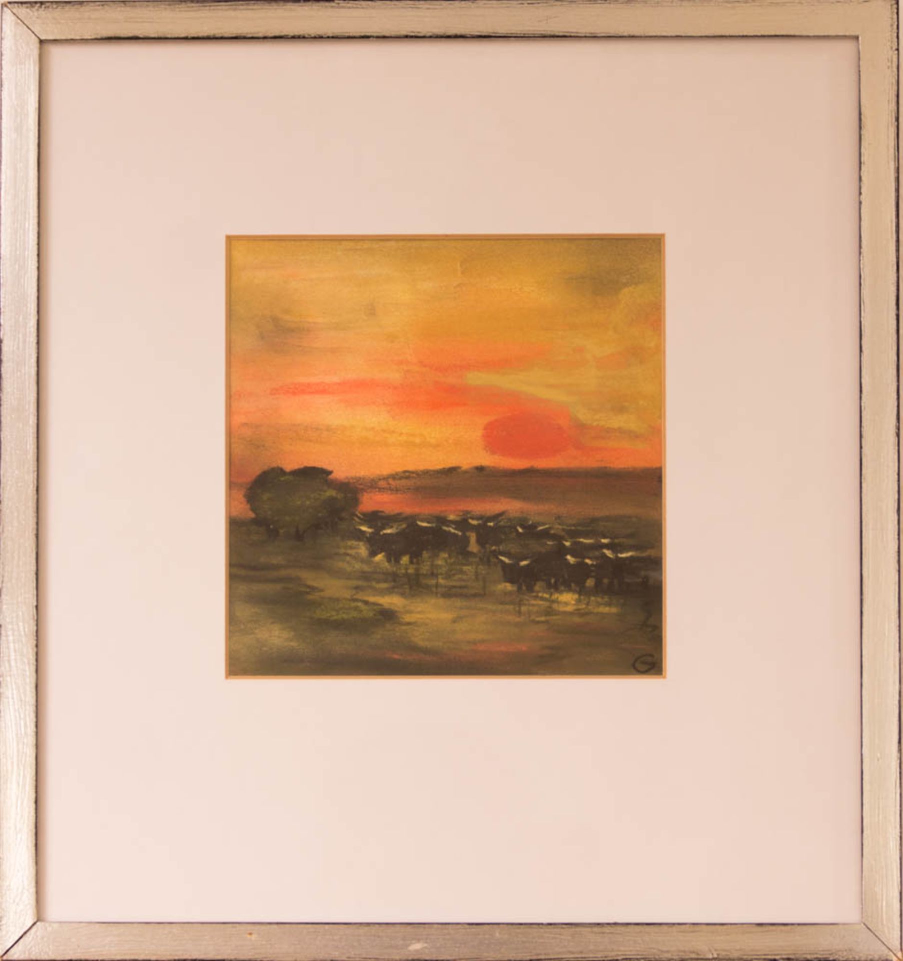 Monogrammiert "G", Landschaft im Abendrot.Hinter Glas im Passepartout gerahmt. 18 x 18 cm o.R. 36