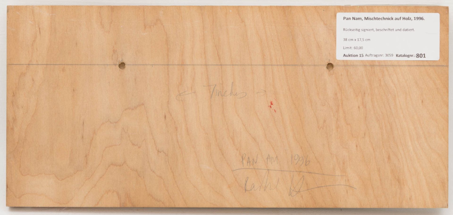 Pan Nam, Mischtechnick auf Holz, 1996.Rückseitig signiert, beschriftet und datiert. 38 cm x 17,5 cm - Bild 3 aus 3