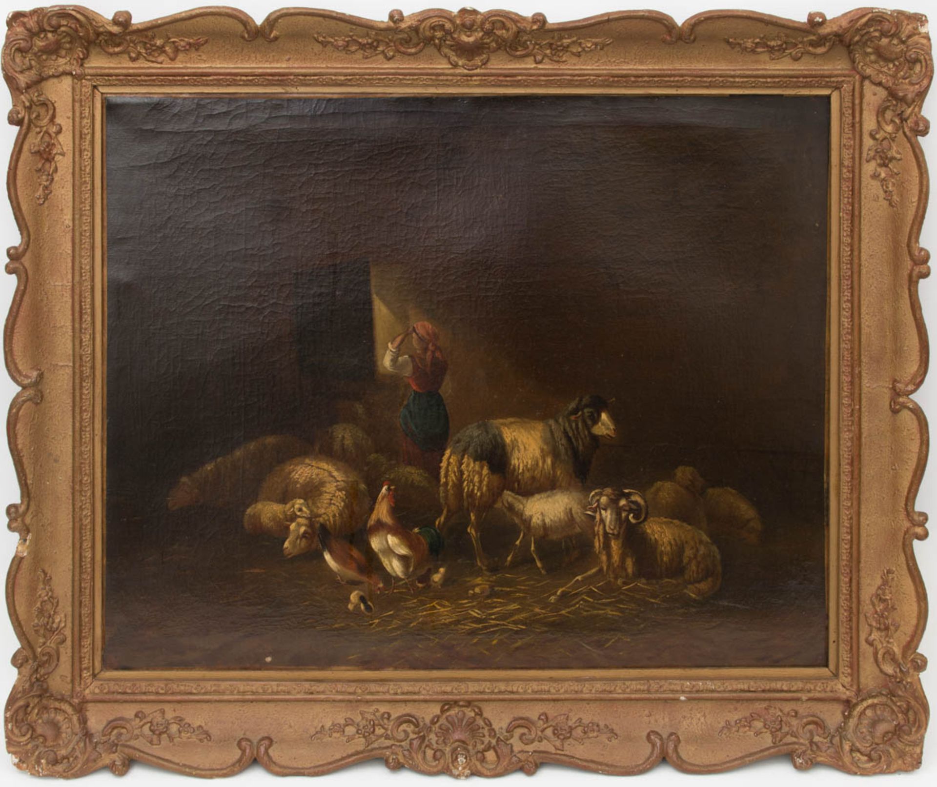 Fernweh mit Schafen und Hühnern, Öl auf Leinwand.Nicht signiert und datiert.65 x 58 cm o.R.85 x 75