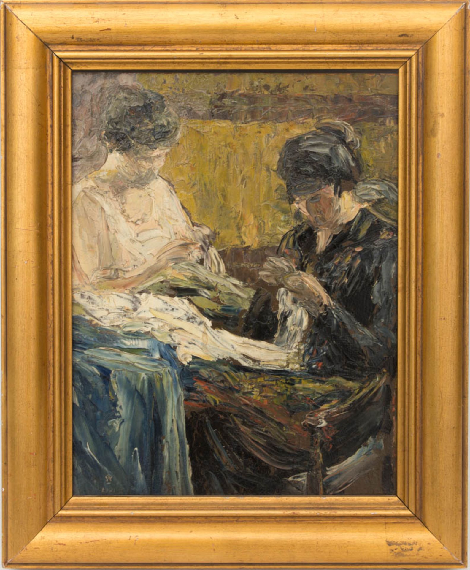 Monogrammist, Bei der Handarbeit, Öl auf Holz, 1921.Zwei Damen bei der Handarbeit in kräftigem
