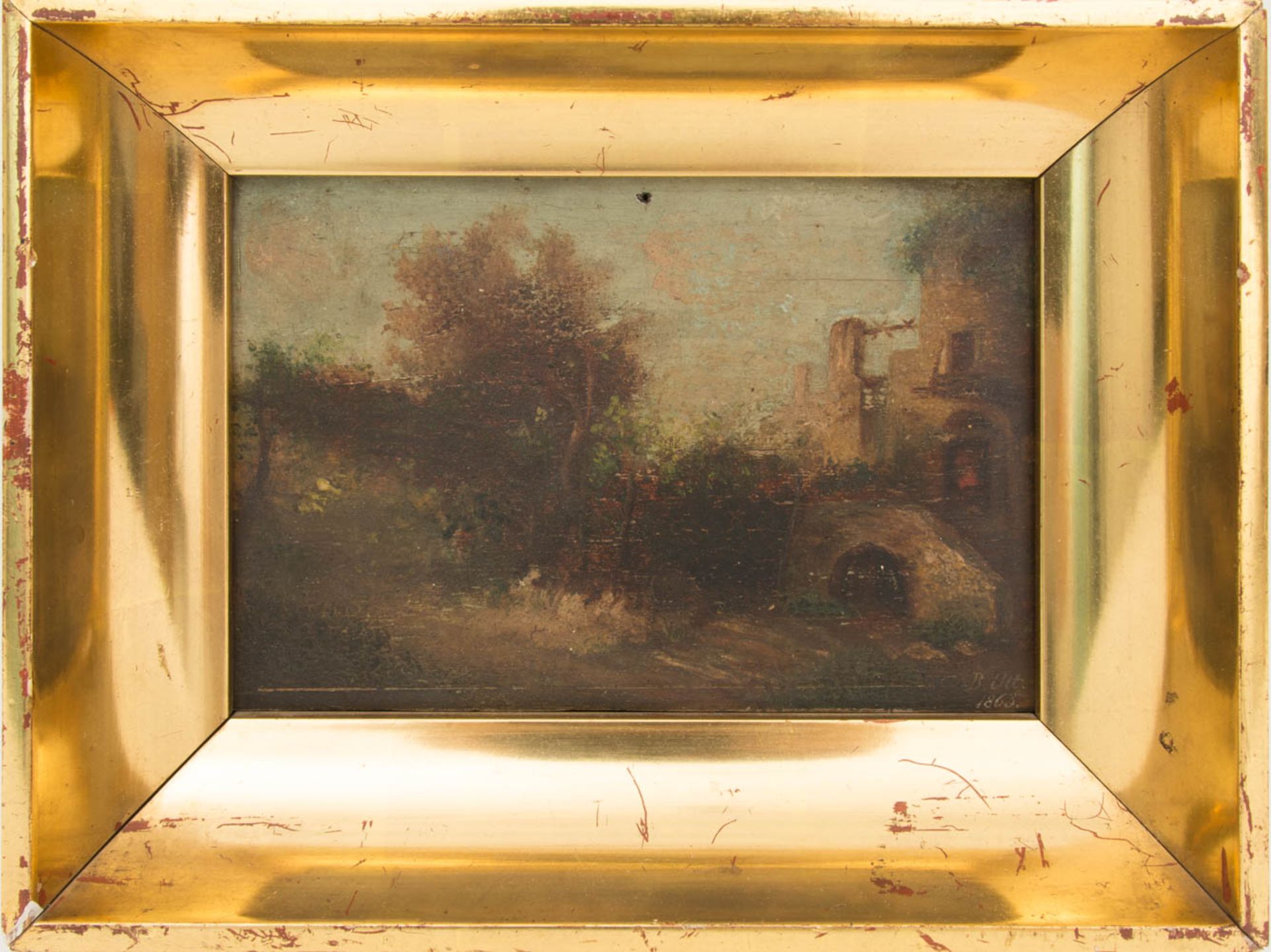 B. Ott, Ansicht einer südlichen Burg, Öl auf Holz, 1863.Unten rechts signiert und datiert. Mittig