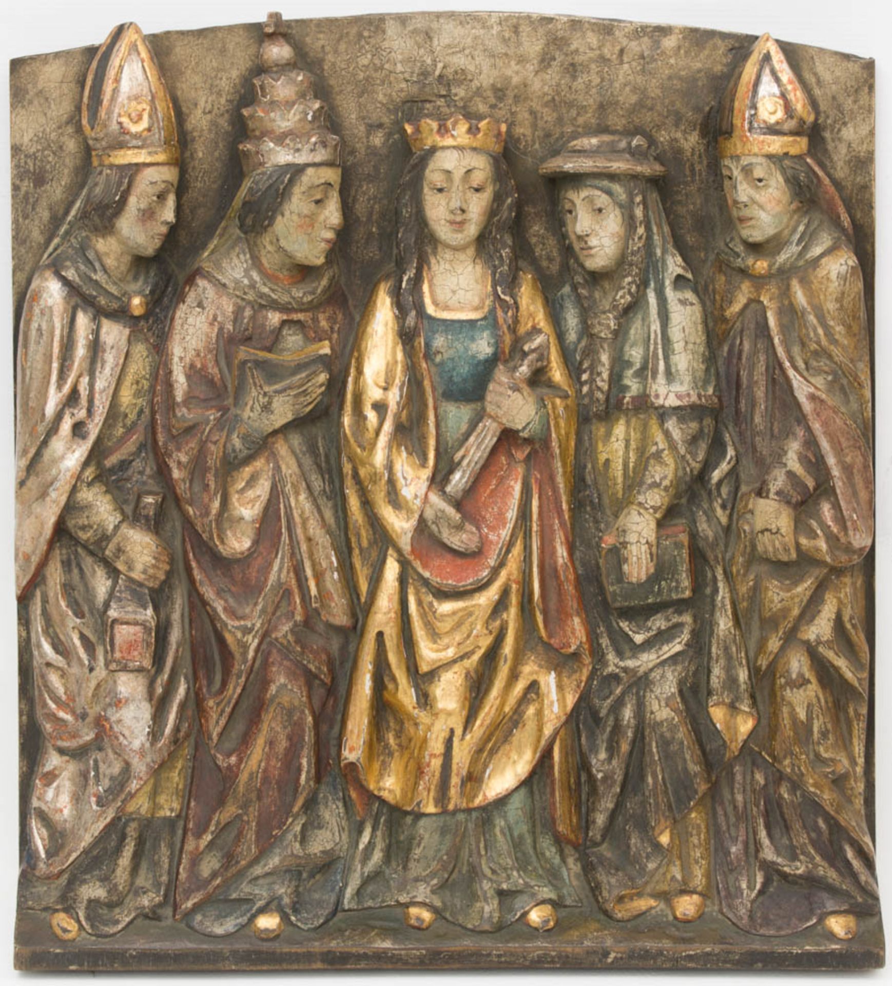 Relief der Maria als Sinnbild der Kirche, Holz.Umgeben von den vier lateinischen Kirchenvätern. 45 x