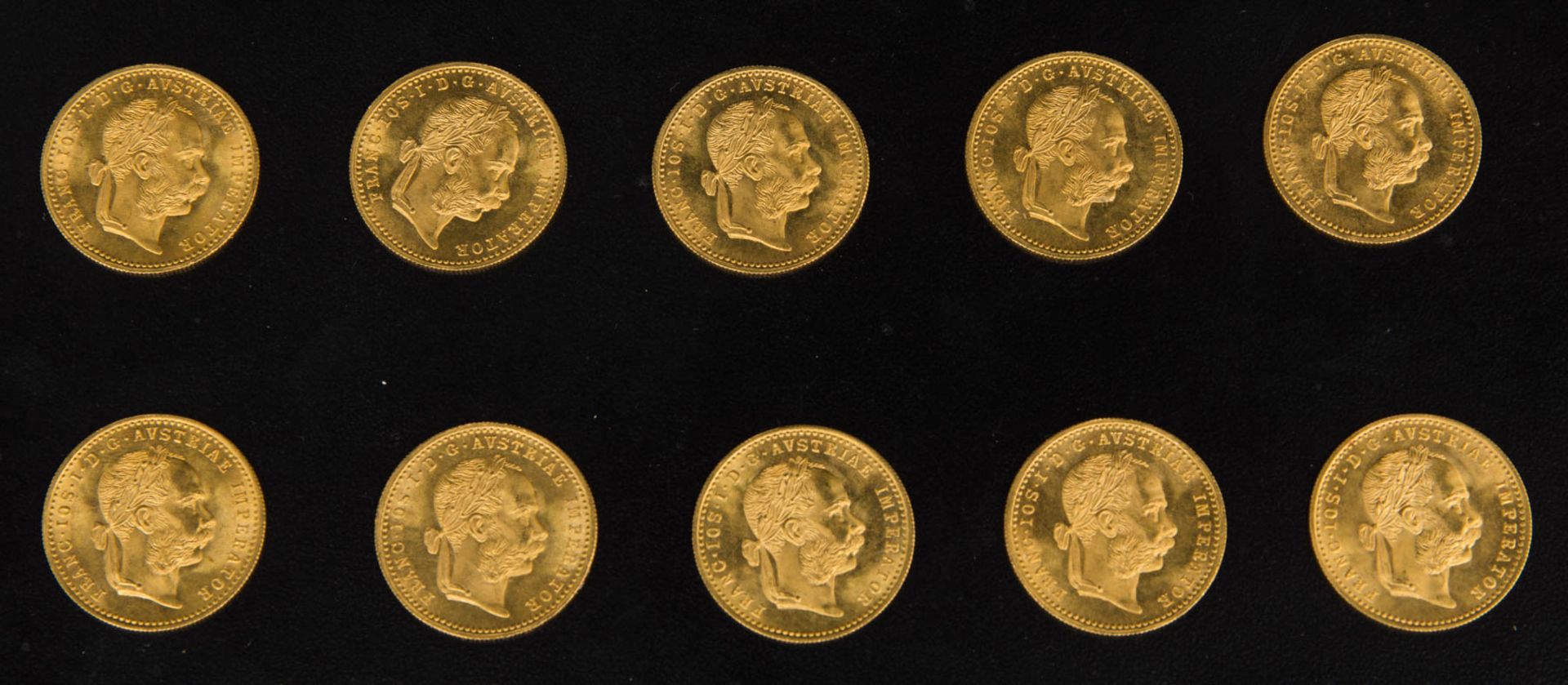 10 Franz Josef Dukaten, Einfach.986er Gold, 10 Stück, sehr guter Zustand. Durchmesser: 19,75 mm.