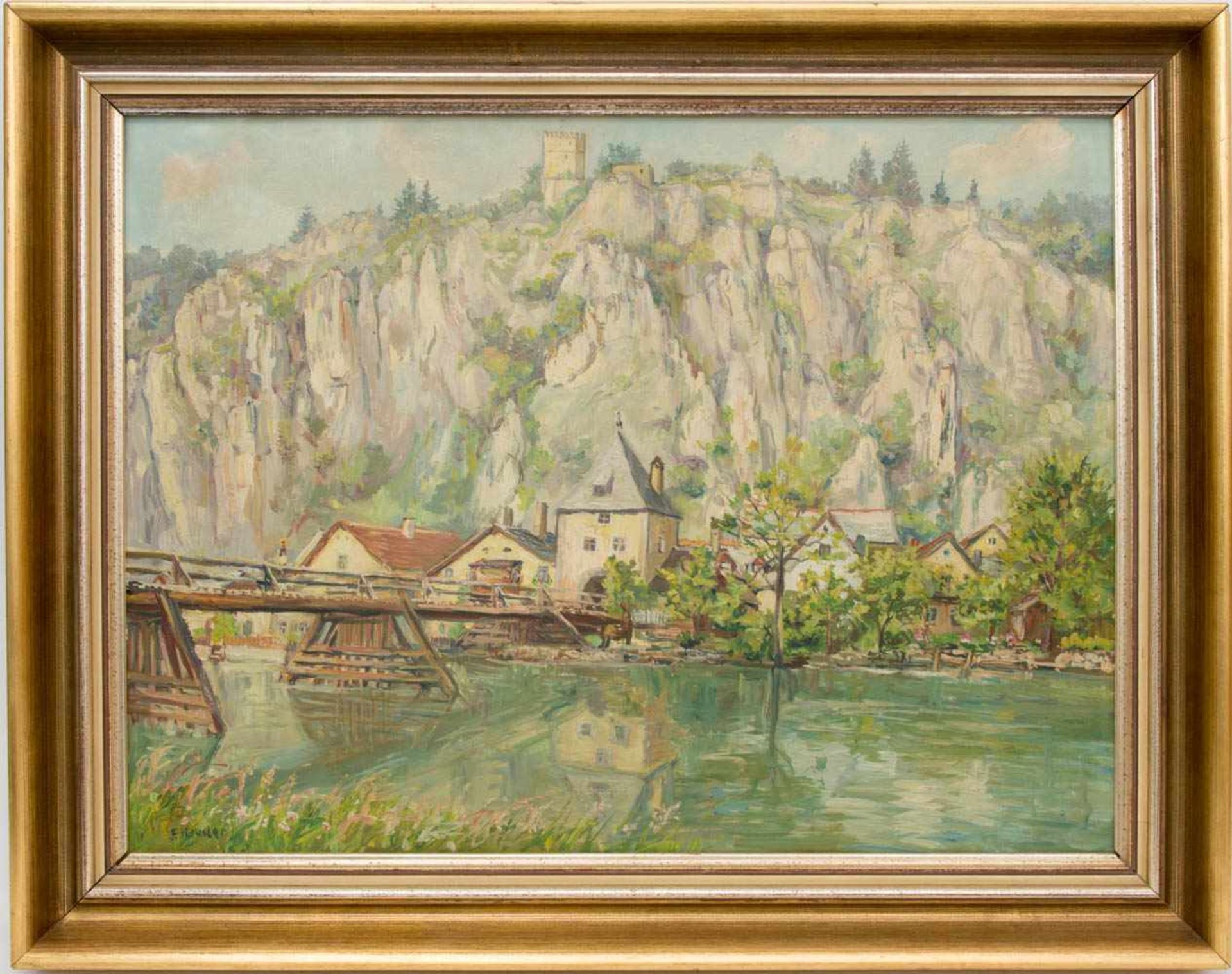 Konvolut von 3 Landschaften, Acryl und Aquarell, 20. Jh.1. F. Hausler, Stadt am Fluss, Öl auf - Bild 2 aus 4