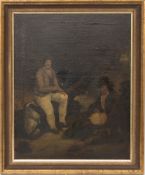 Zwei Männer bei der Rast, Öl auf Platte.Starkes Krakelée, nicht signiert. 34 x 43 cm o.R.42 x 51