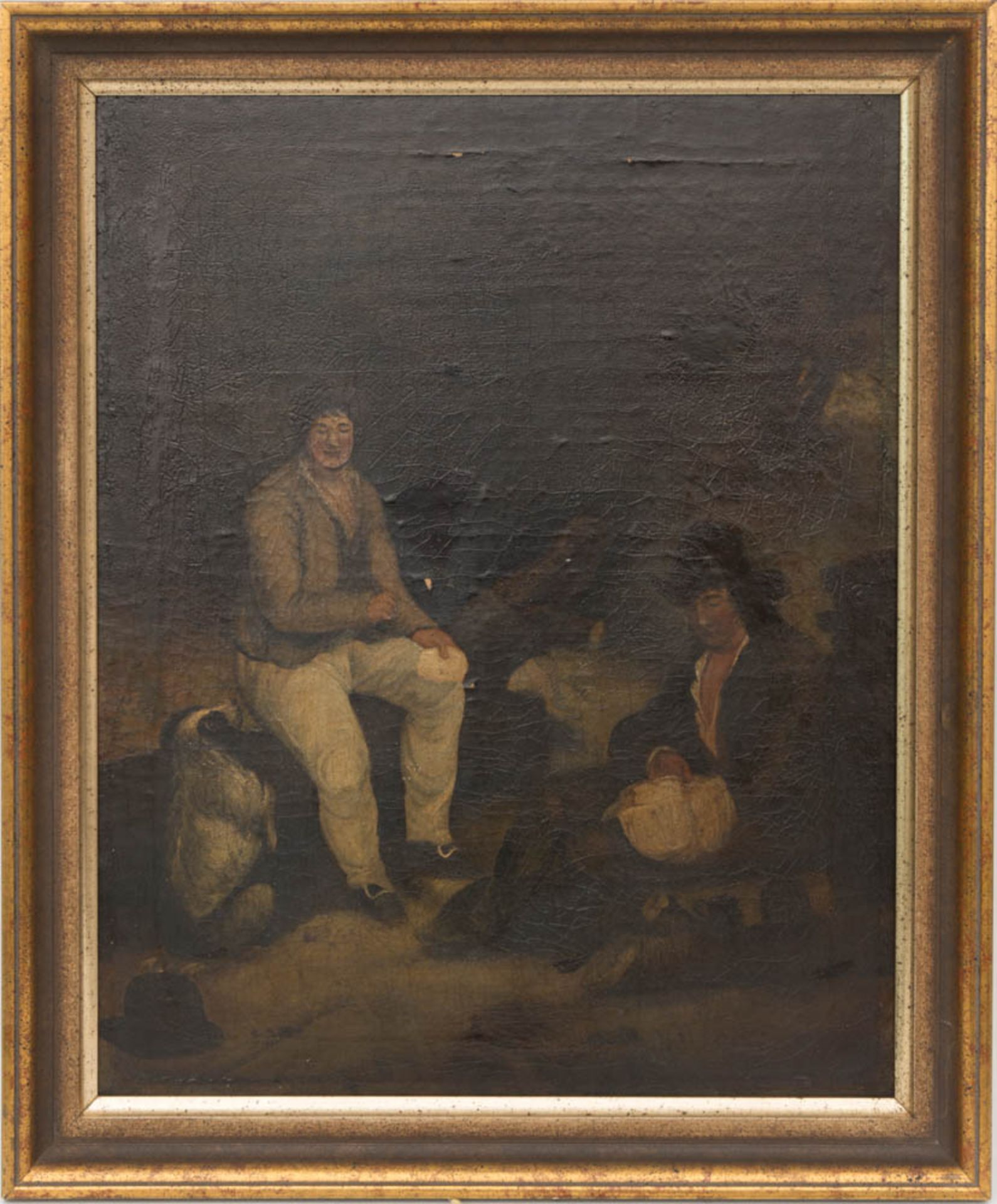 Zwei Männer bei der Rast, Öl auf Platte.Starkes Krakelée, nicht signiert. 34 x 43 cm o.R.42 x 51