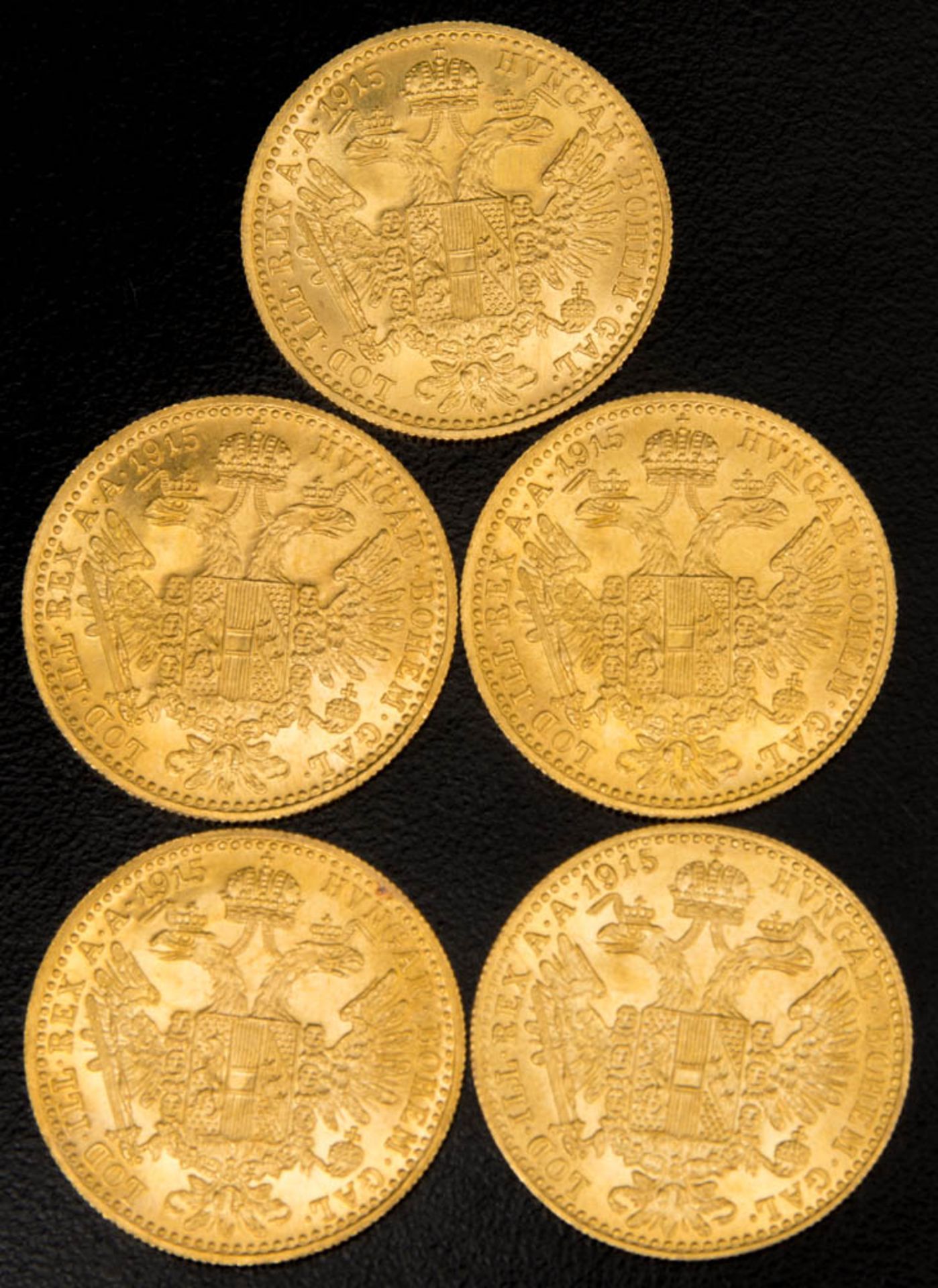 5 Franz Josef Dukaten, Einfach.986er Gold, 5 Stück, sehr guter Zustand. Durchmesser: 19,75 mm. - Image 2 of 2