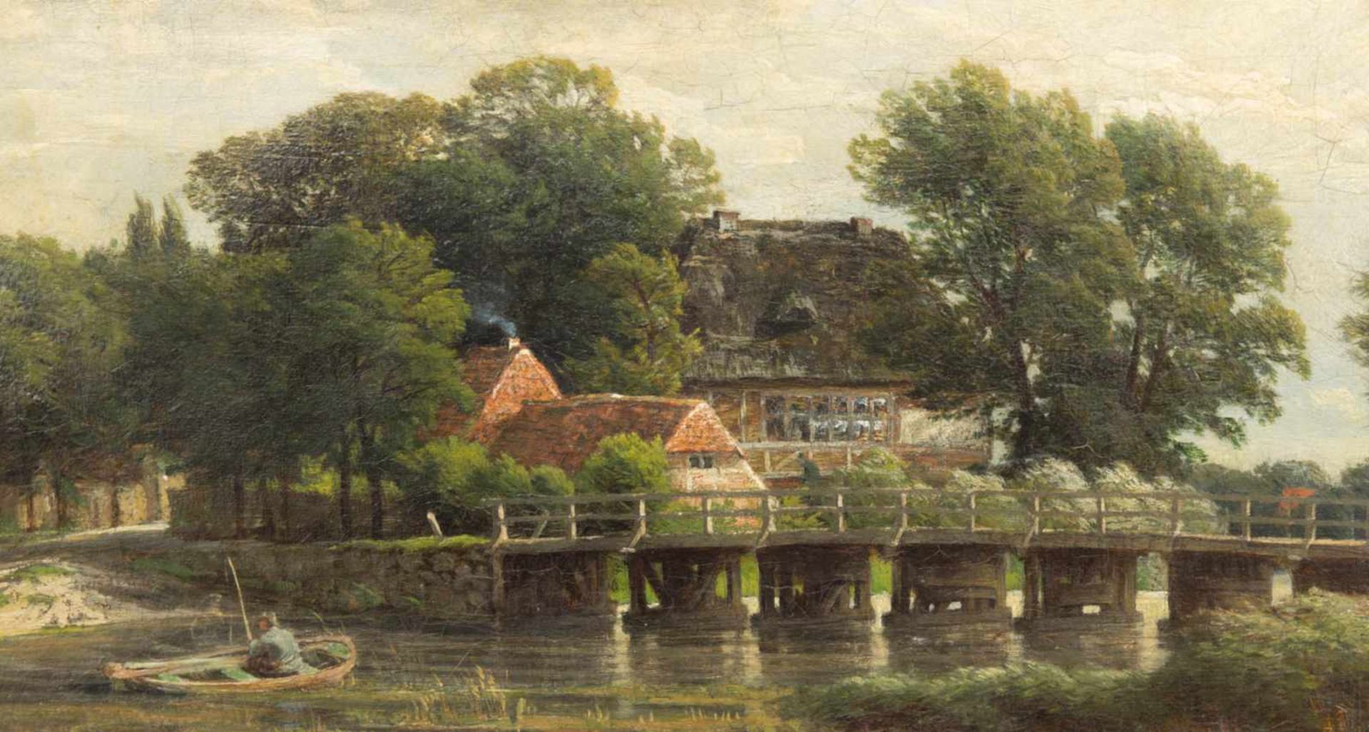 Carl Rodeck, Wasserlandschaft mit Brücke und Häusern, Öl auf Leinwand 1871.Carl Rodeck (1841 - - Image 2 of 4