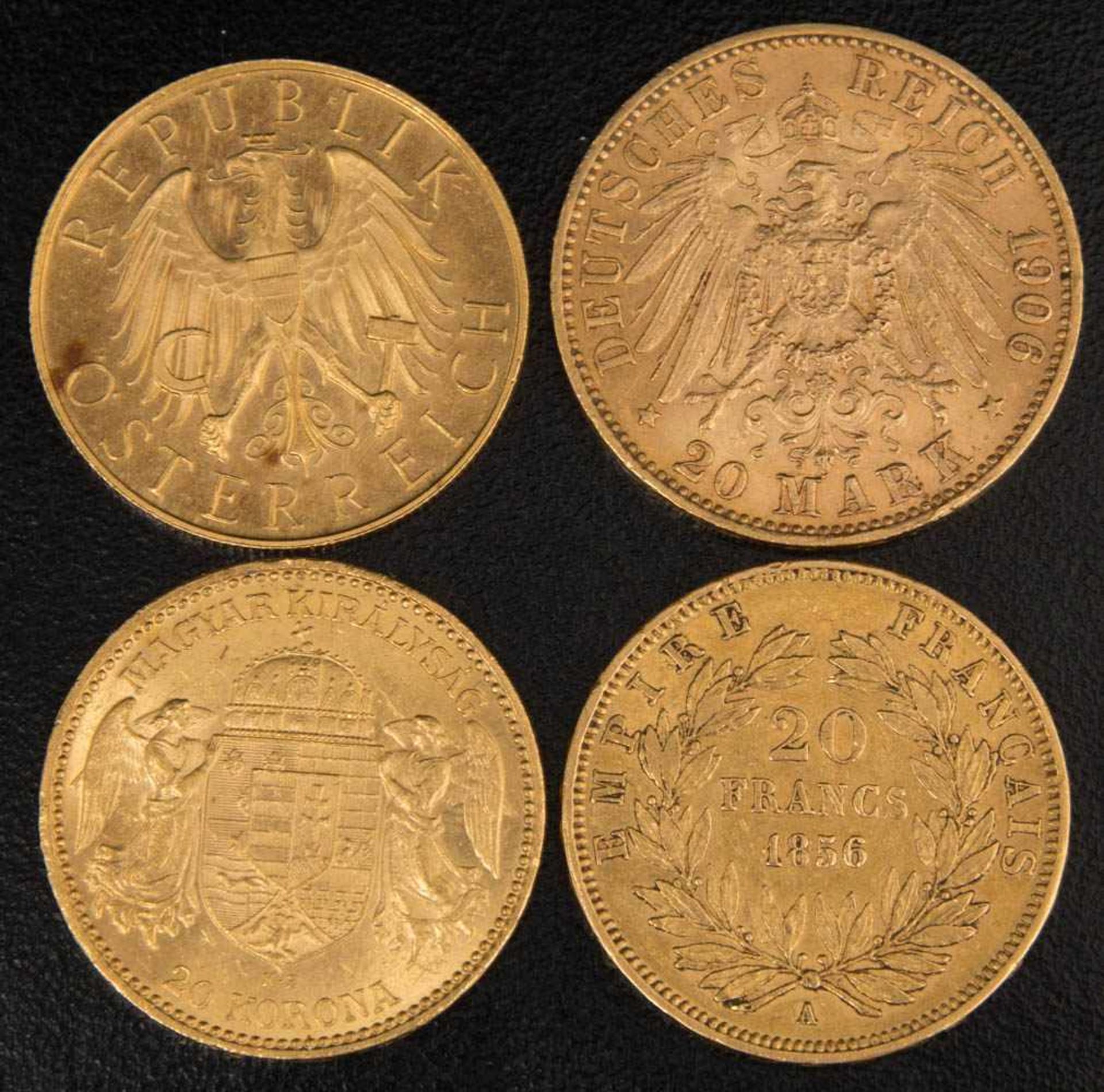 Vier Goldmünzen.25 Schilling, 5,89 g.20 Corona Goldmünze, 6,7 g.20 Franc Münze, 6,4 g.Preussen 20 - Image 2 of 2