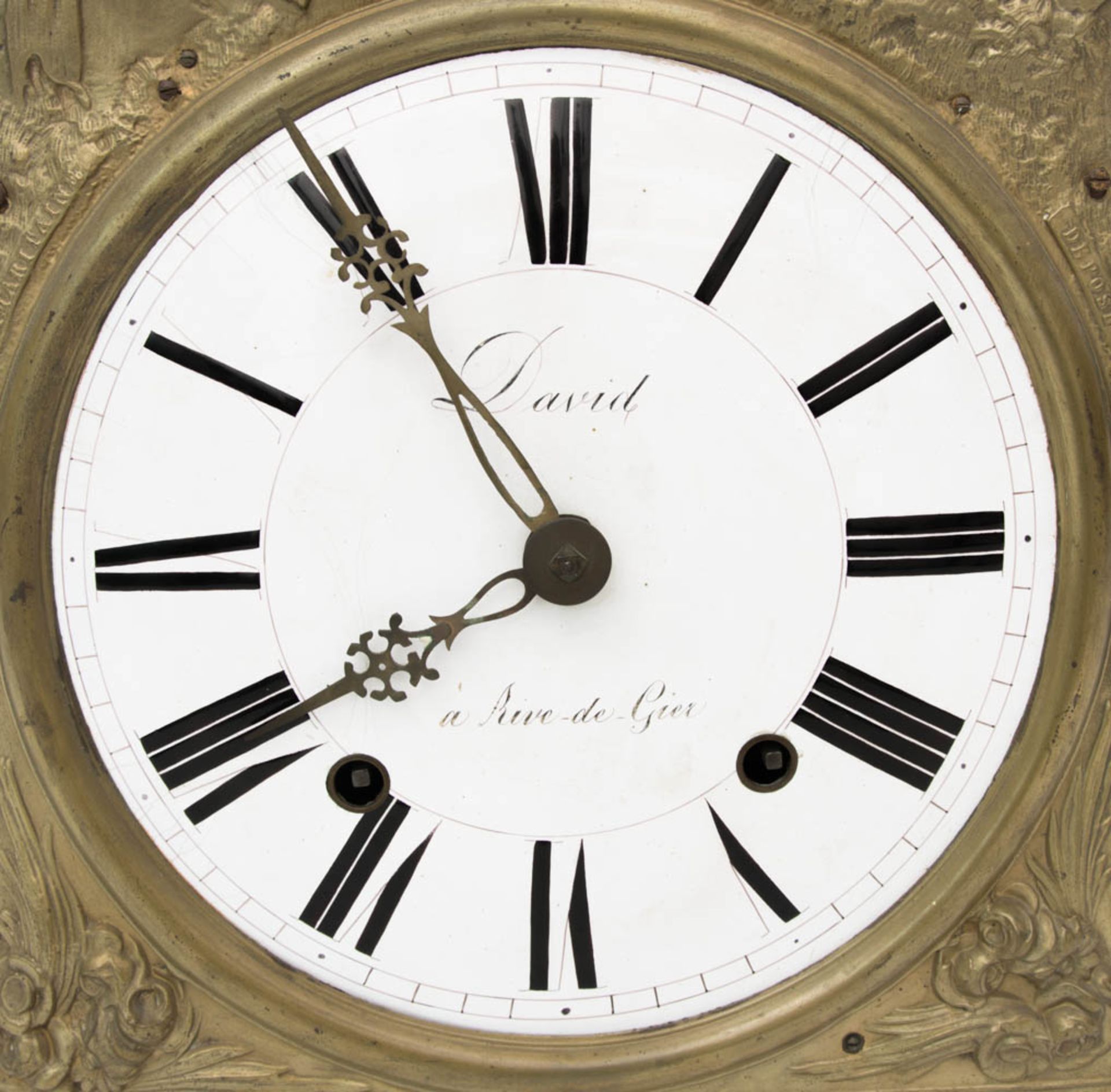 Französische Wanduhr, mit Messingbeschlag.Auf dem Ziffernblatt beschriftet mit David - A Rive de - Bild 4 aus 7